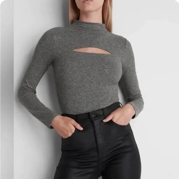 Express Tops - Express, Marled Gray Mock Turtleneck with Cutout Bodysuit, Size Medium, KB336